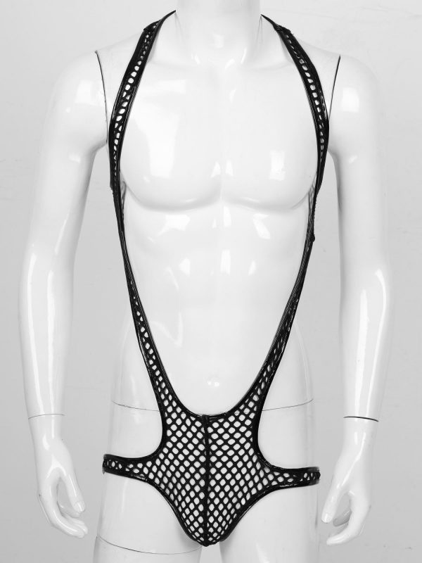 Men s Underwear Sexy Hollow Out Fishnet Bodysuit Lingerie Open Chest Butt Wrestling Singlet Leotard Mankini 1 - Mankini Store