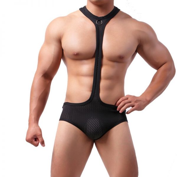 Sexy Mesh Undershirts Leotard Men Halter Bodysuit Wrestling Singlet Black Jumpsuits Mankini Jock Strap Underwear Thongs 1 - Mankini Store