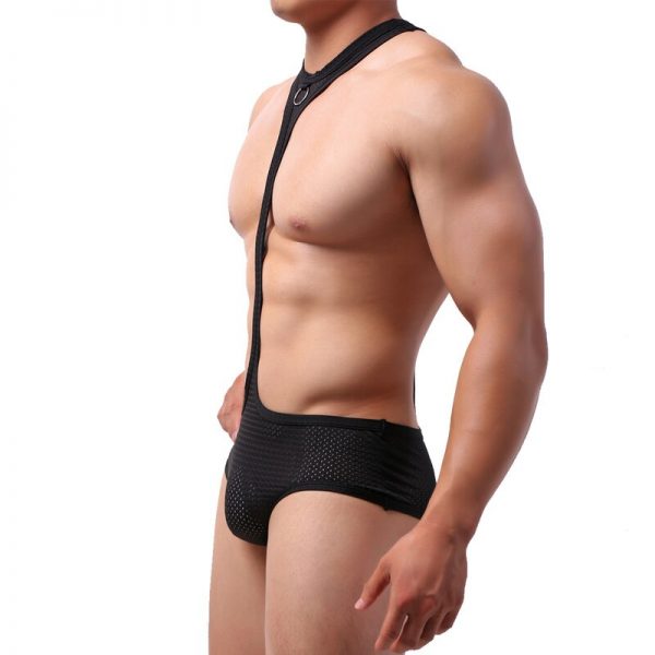Sexy Mesh Undershirts Leotard Men Halter Bodysuit Wrestling Singlet Black Jumpsuits Mankini Jock Strap Underwear Thongs 2 - Mankini Store