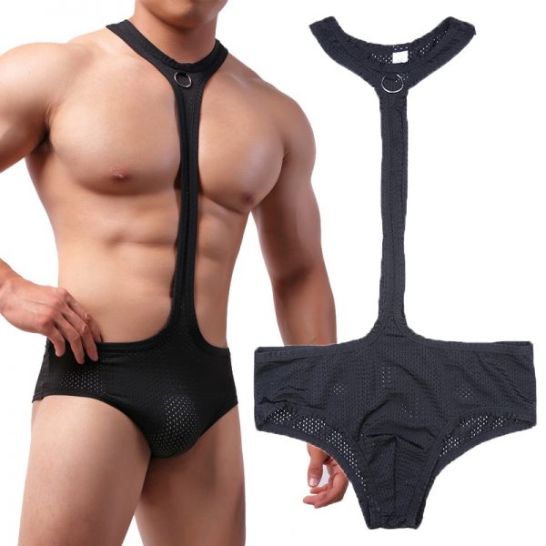 Sexy Mesh Undershirts Leotard Men Halter Bodysuit Wrestling Singlet Black Jumpsuits Mankini Jock Strap Underwear Thongs - Mankini Store