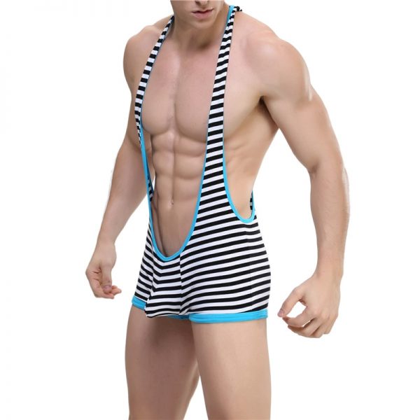 Sexy Undershirt Striped Underwear Men Bodysuit Mankini Jockstrap Wrestling Singlet Gay Bodysuits Bugle Pouch One piece - Mankini Store