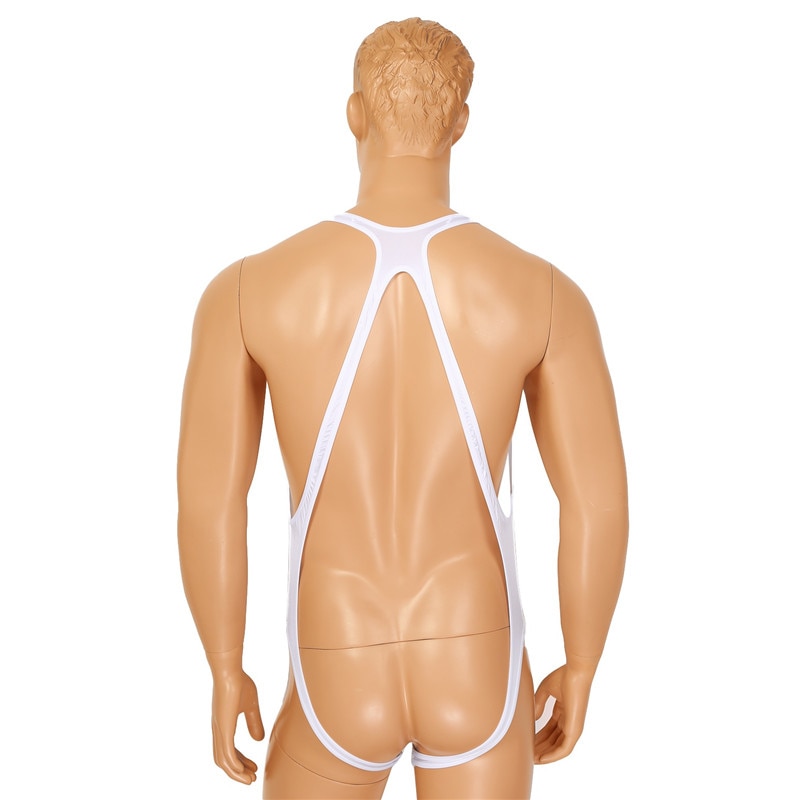 Mens One-piece Crotchless Lingerie Body Chest Harness Halter Elastic Wide Straps Mankini Jockstrap Underwear Leotard Bodysuit