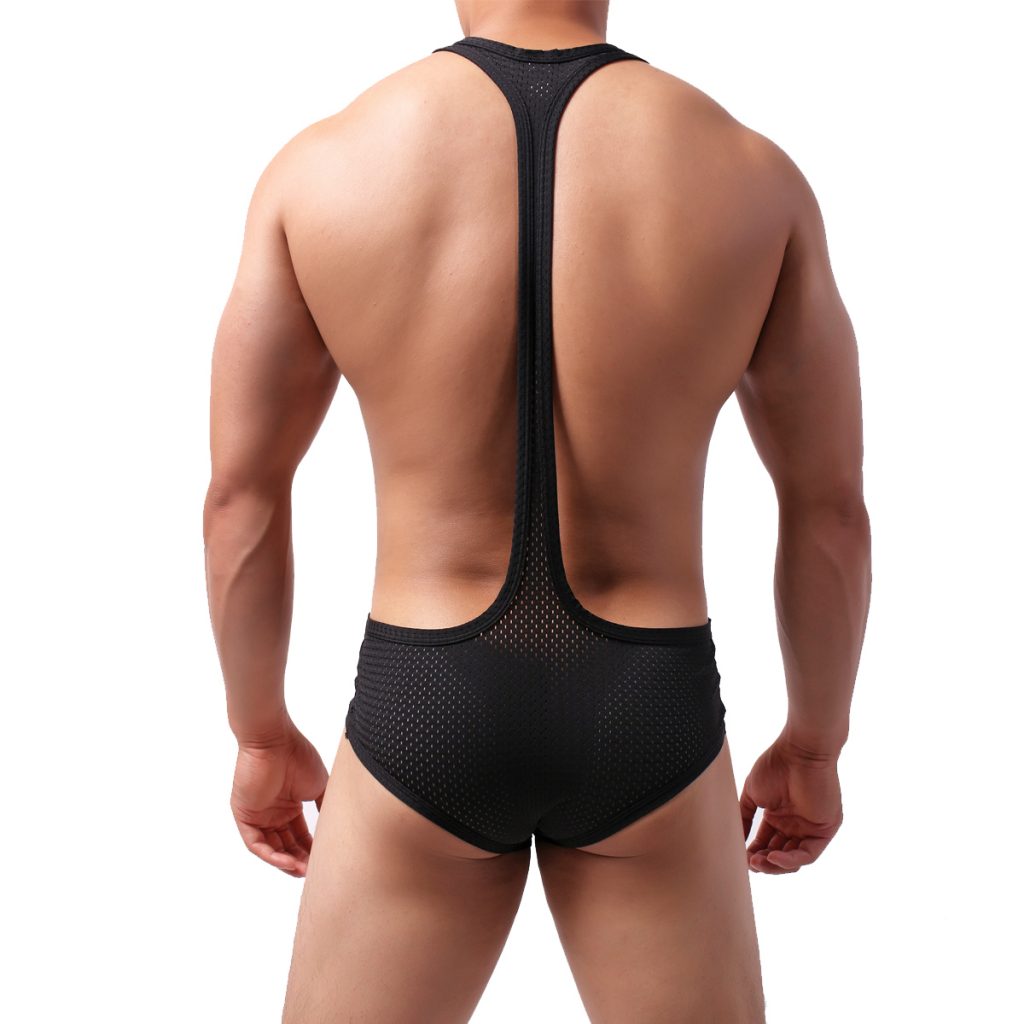 Sexy Mesh Undershirts Leotard Men Halter Bodysuit Wrestling Singlet Black Jumpsuits Mankini Jock Strap Underwear Thongs Bikini
