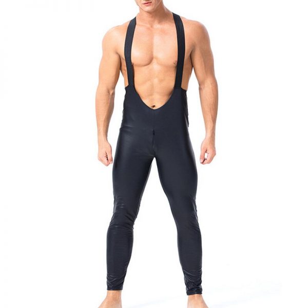 Gay Bodysuits Overalls PU Leather Zipper Crotchless Gay Jumpsuits Wrestling Singlet Mankini Latex Fetish Leotard Body 1 - Mankini Store