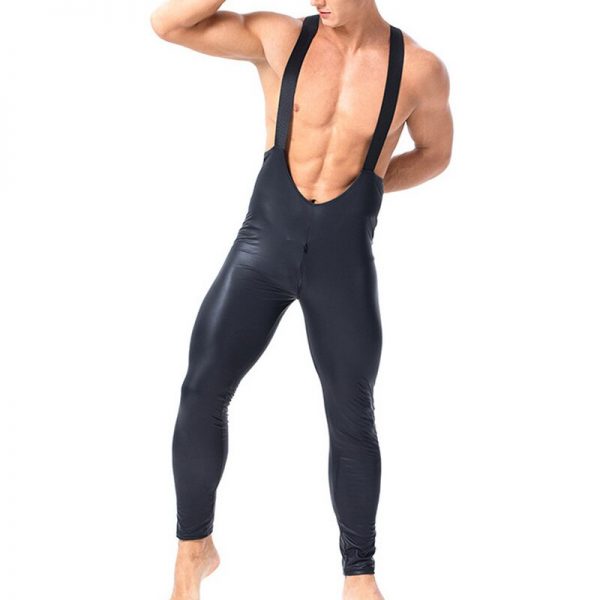 Gay Bodysuits Overalls PU Leather Zipper Crotchless Gay Jumpsuits Wrestling Singlet Mankini Latex Fetish Leotard Body 2 - Mankini Store