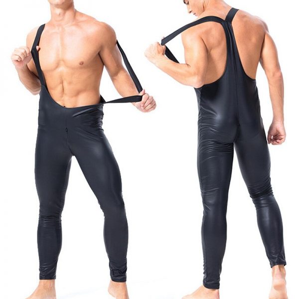 Gay Bodysuits Overalls PU Leather Zipper Crotchless Gay Jumpsuits Wrestling Singlet Mankini Latex Fetish Leotard Body 5 - Mankini Store