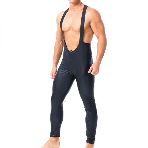 Gay Bodysuits Overalls PU Leather Zipper Crotchless Gay Jumpsuits Wrestling Singlet Mankini Latex Fetish Leotard Body - Mankini Store