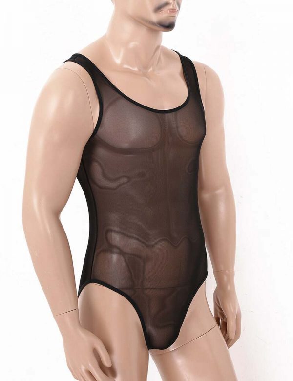 Men See Through Mesh Mankini Leotard Tops One Piece Bikini Gay Underwear Lingerie Bodysuit Swimwear 2 - Mankini Store