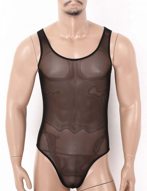 Men See Through Mesh Mankini Leotard Tops One Piece Bikini Gay Underwear Lingerie Bodysuit Swimwear - Mankini Store