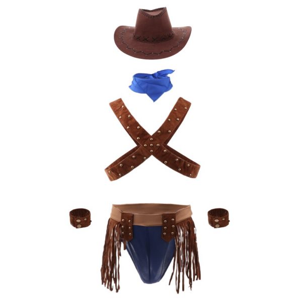 Men Sexy Cowboy Uniform Role Play Party Outfit Mankini Thong Underwear Set 2 - Mankini Store