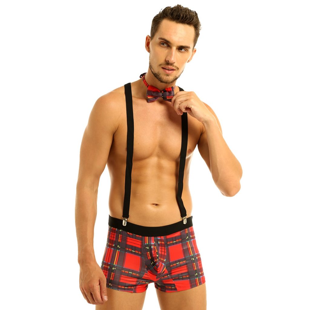 Sexy Gay Suspenders Lingerie Mens Mankini Waiter Costume Bodysuit Sexy Underwear Seamless Plaid Bulge Pouch Boxer Briefs Bowtie