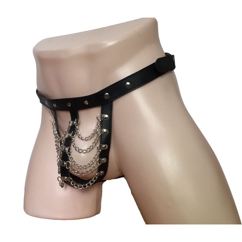 Sexy Mankini Faux Leather Drape Chain Pouch Open Crotch G-String Underwear