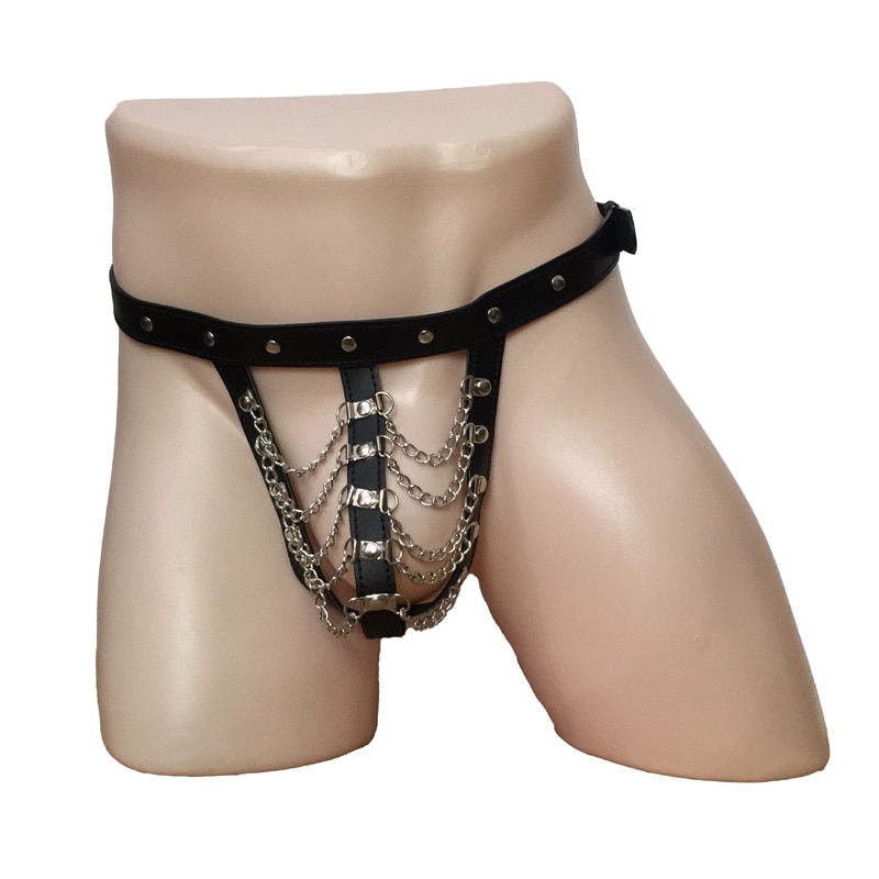Sexy Mankini Faux Leather Drape Chain Pouch Open Crotch G-String Underwear